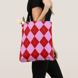 Bolsa Tote Preppy Argyle Tartan Diamond Xadrez Vermelho Rosa