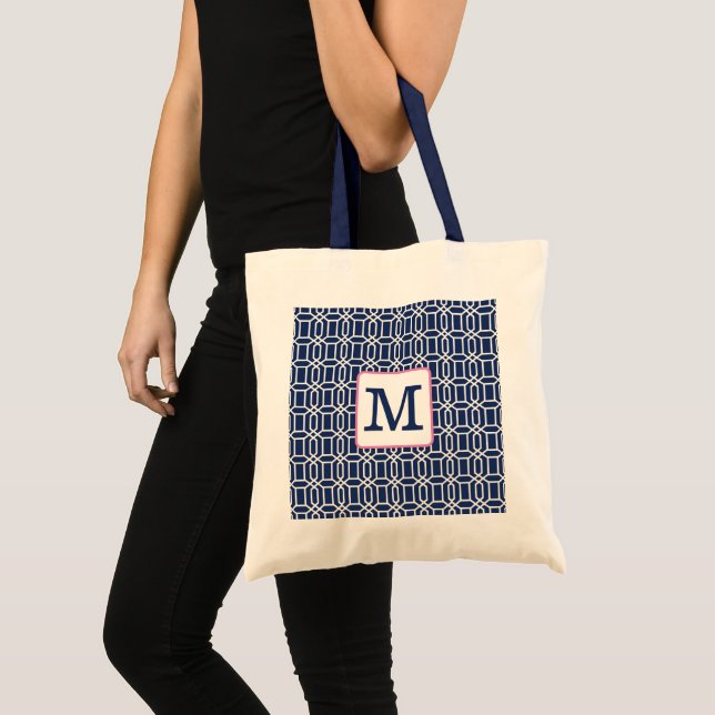 Bolsa Tote Preppy Navy Branco Octógono Monograma  (Frente (produto))