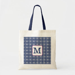 Bolsa Tote Preppy Navy Branco Octógono Monograma Geométrico