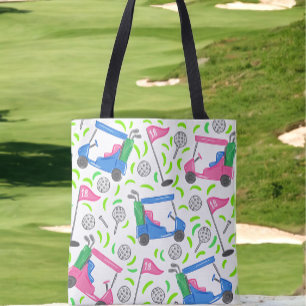 Bolsa Tote Preppy Rosa e Azul Padrão de Carrinho de Golfe Gol