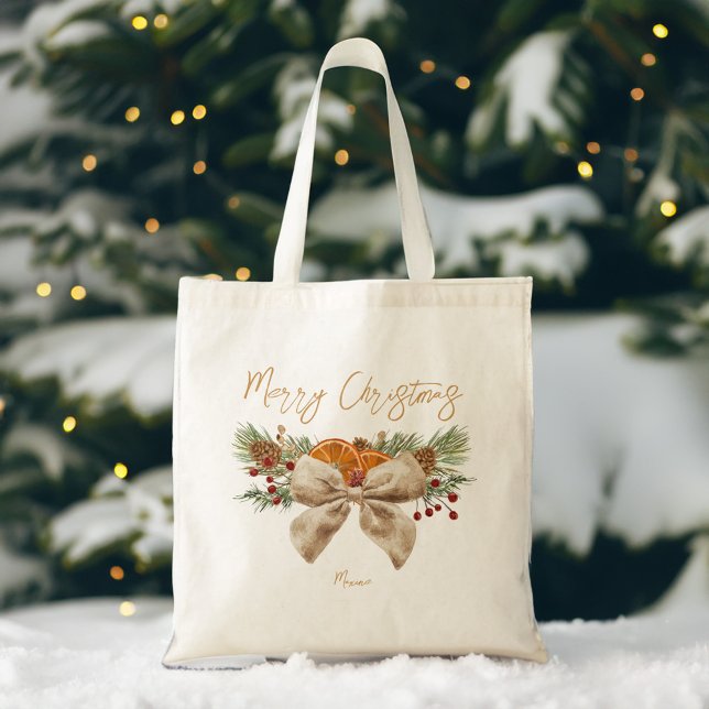Bolsa Tote Presas de Natal russas pinheiros arco de coquetes (Rustic Christmas gifts for her personalized Tote Bag pines bow winter berries tote bag)