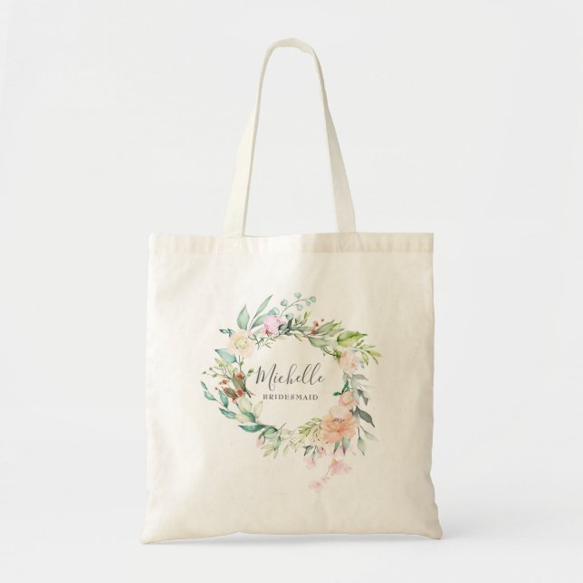 Bolsa Tote Presente de Dama de Honra com Grinalda Floral em A (Frente)