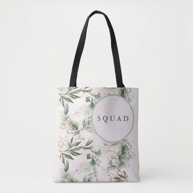 Bolsa Tote Presente de Eucalipto Dourado Chá de Noiva Boho (Frente)