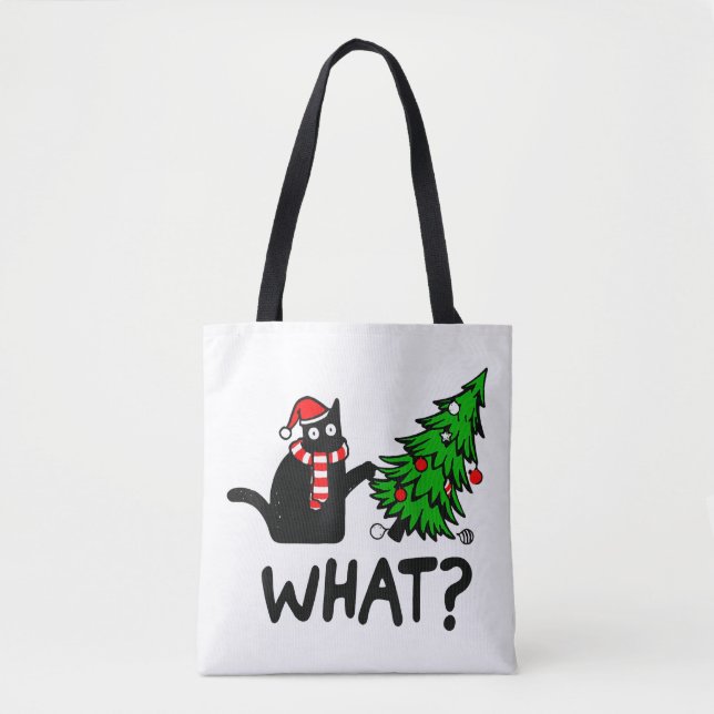 Bolsa Tote Presente de Gato Preto Engraçado Derrubando Árvore (Frente)