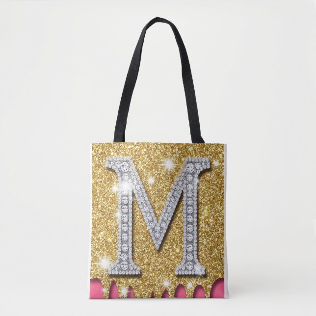 Bolsa Tote Presente de Ideia Inicial de Diamante Dourado com  (Frente)