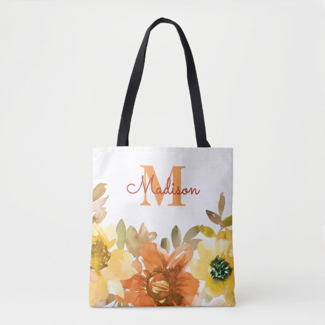 Bolsa Tote Presente de Monograma Floral Laranja com Nome (Frente)