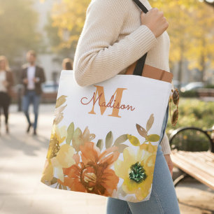 Bolsa Tote Presente de Monograma Floral Laranja com Nome