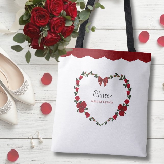 Bolsa Tote Presente Elegante para Dama de Honesta com Rosa Ve (Honor your right-hand woman with this elegant red rose heart gift tote.)