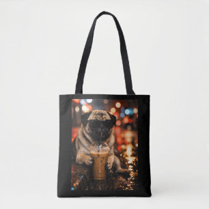 Bolsa Tote Presente Engraçado para Amante de Pug Bebendo Café