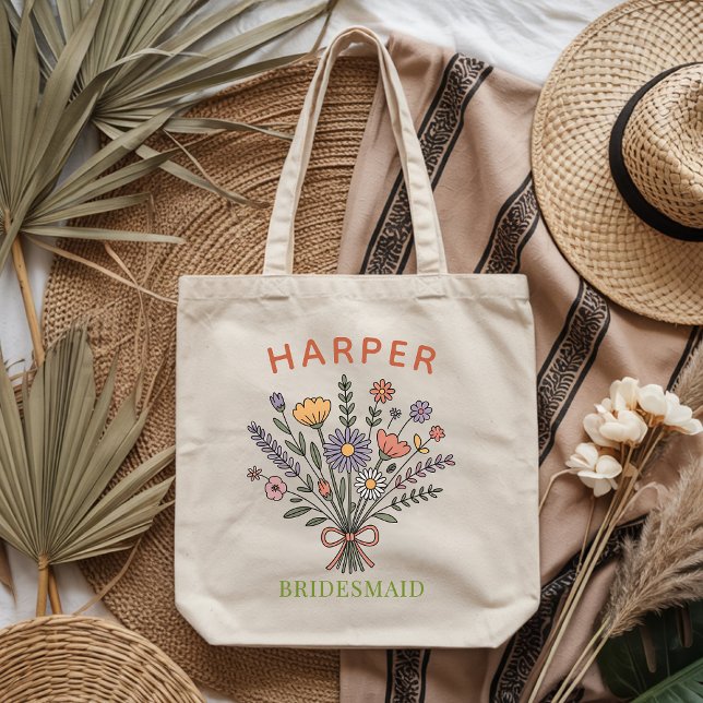 Bolsa Tote Presente Floral Boho Personalizado para Festa de C (Custom Boho Floral Tote Bag Gift for Bridesmaid, Custom Bridesmaid Tote Bag Gift for Bridal Party)