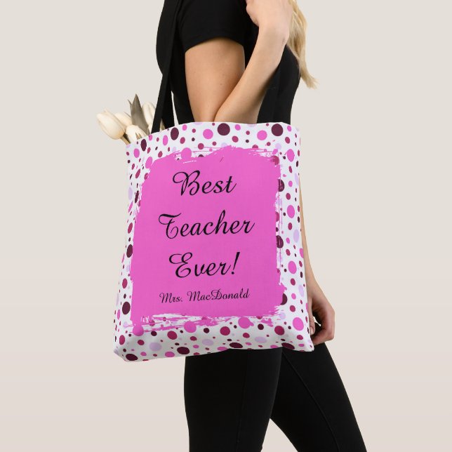 Bolsa Tote Presente melhor professora de sempre bolinha rosa (Close Up)