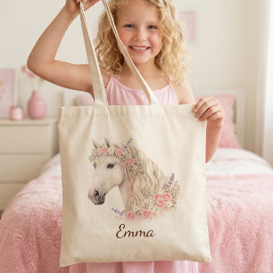 Bolsa Tote Presente Nome de Cavalo Branco Floral Rosa para Me
