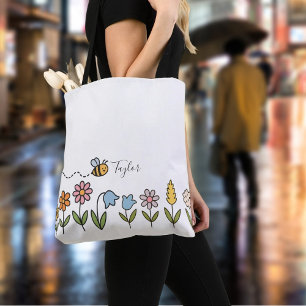 Bolsa Tote Presente Personalizado Abelha e Flores Coloridas