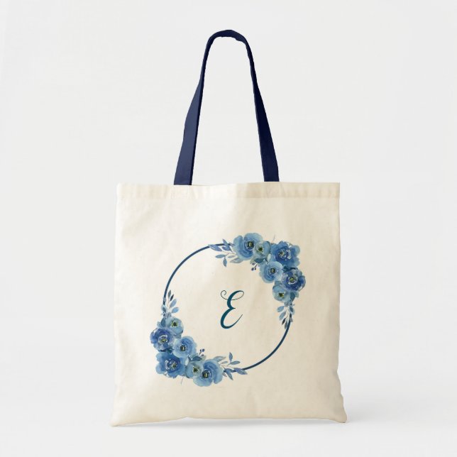 Bolsa Tote presente personalizado de boho floral azul marinho (Frente)