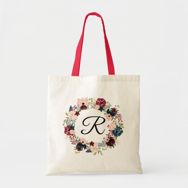 Bolsa Tote Presente personalizado de Borgonha e marinho flora (Frente)