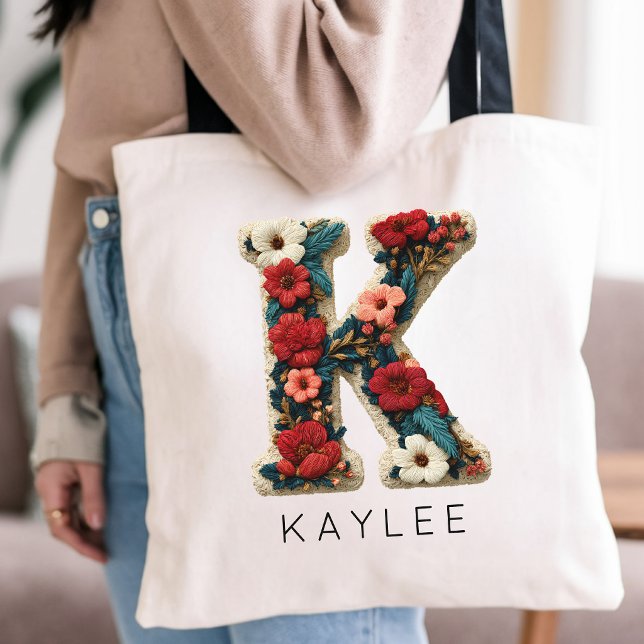 Bolsa Tote Presente Personalizado de Monograma Botânico Vinta (Romantic Meadow Flower Alphabet Tote for Sister | Minimalist Floral Monogram Tote for Best Friend)