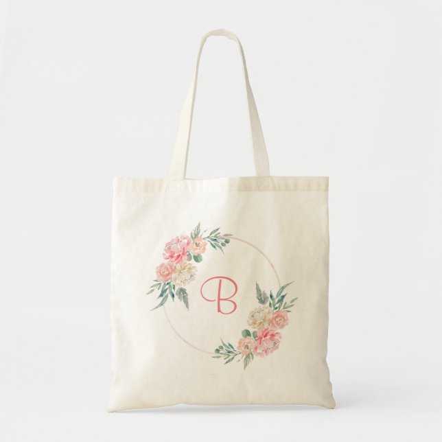 Bolsa Tote Presente personalizado de monograma floral rosa co (Frente)
