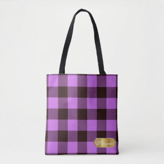Bolsa Tote Presente Personalizado do Crachá Dourado Tartan da