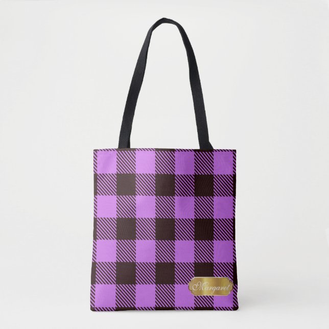 Bolsa Tote Presente Personalizado do Crachá Dourado Tartan da (Frente)