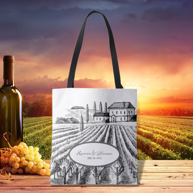 Bolsa Tote Presente Rustic Minimalist Vinyard Sketch Wedding (Criador carregado)