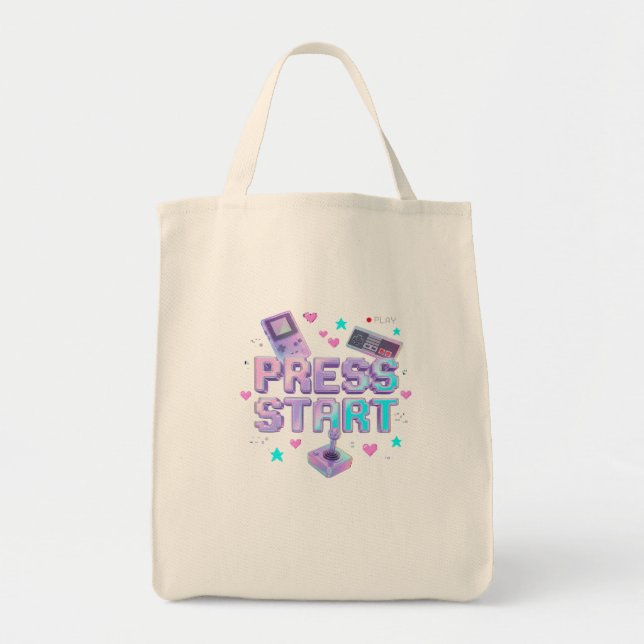 Bolsa Tote Pressione Iniciar Y2K Jogo de Arcade Retro Chrome  (Frente)