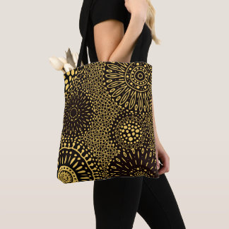 Bolsa Tote Preta com Padrão Floral Étnico em Doura
