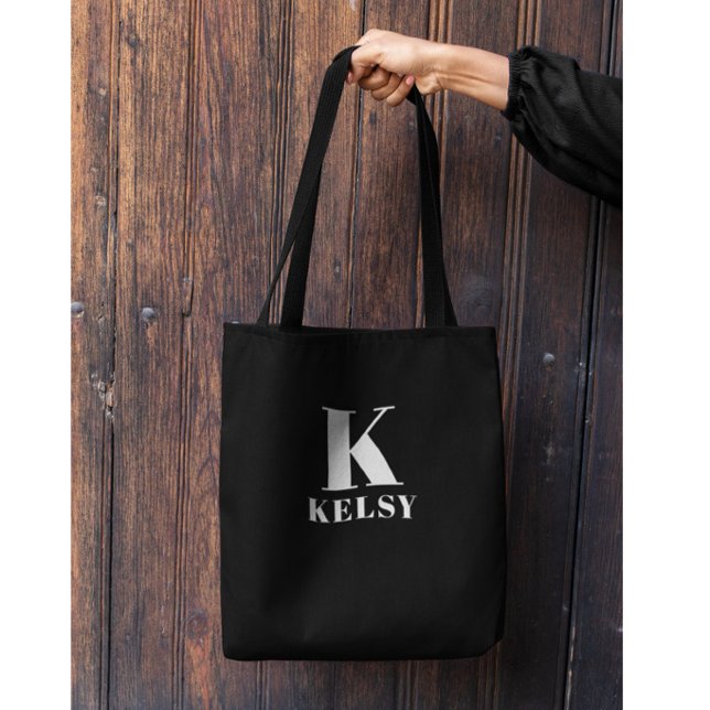 Bolsa Tote Preta e Branca com Monograma e Nome (Criador carregado)