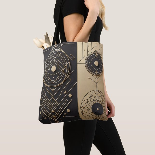 Bolsa tote preta e dourada de design geométrico (Close Up)