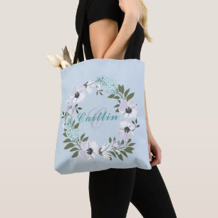 Bolsa Tote preto 1-Monogrammed, branco & design floral da