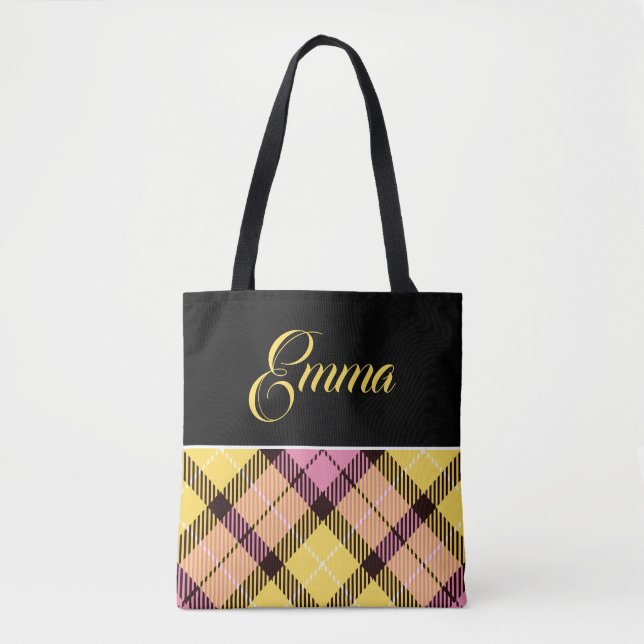 Bolsa Tote Preto Amarelo Rosa Xadrez Personalizado Nome (Frente)