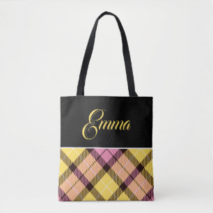 Bolsa Tote Preto Amarelo Rosa Xadrez Tartan Nome Personalizad