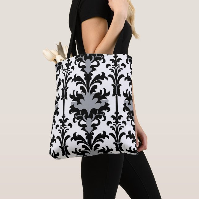 Bolsa Tote Preto Branco e Cinza estilo Floral Damasco (Close Up)