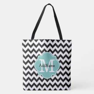 Bolsa Tote Preto Chevron Aqua Monograma e Nome Personalizado
