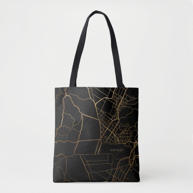 Bolsa Tote Preto com Dourado Nome de Adição de Mapa (Frente)