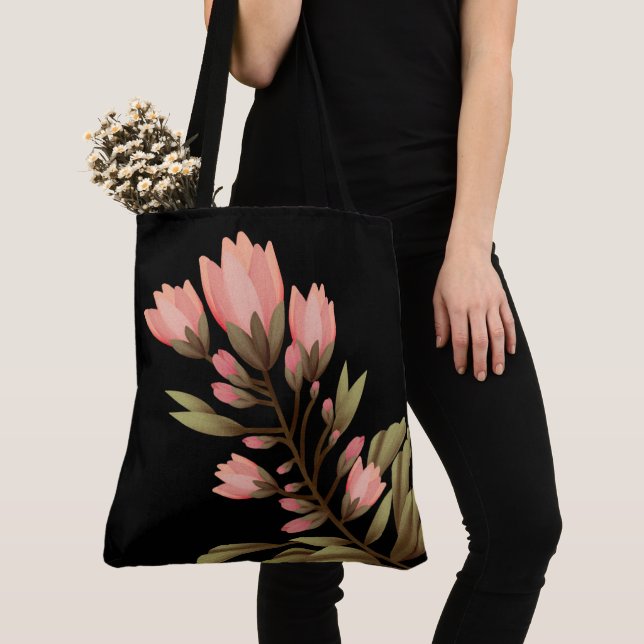 Bolsa Tote Preto com flores rosa (Close Up)