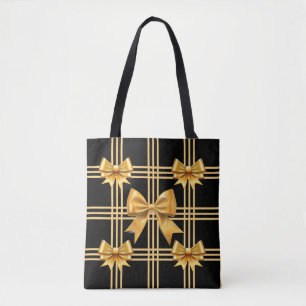 Bolsa Tote Preto Com Laço Coquette Dourado Xadrez