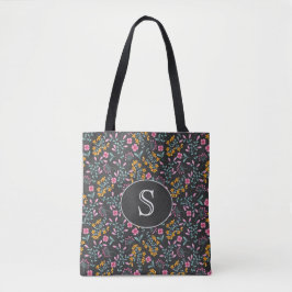 Bolsa Tote Preto com Monograma Floral Rosa e Amarelo