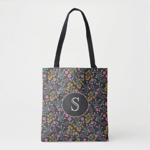 Bolsa Tote Preto com Monograma Floral Rosa e Amarelo