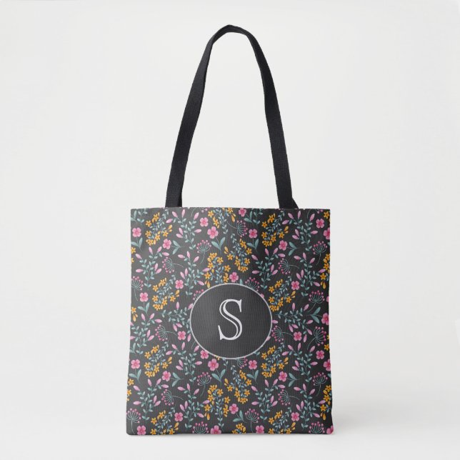 Bolsa Tote Preto com Monograma Floral Rosa e Amarelo (Frente)