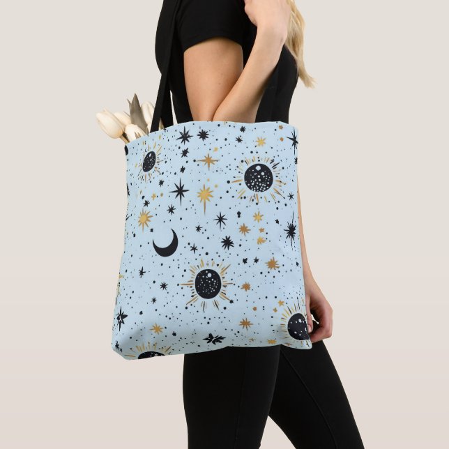 Bolsa Tote Preto, Dourado e Azul Sol Lua Estrelas Celestiais (Close Up)