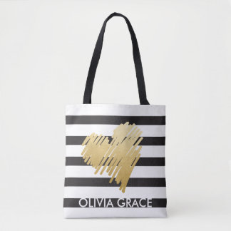 Bolsa Tote Preto Dourado Faux Personalizado Striped