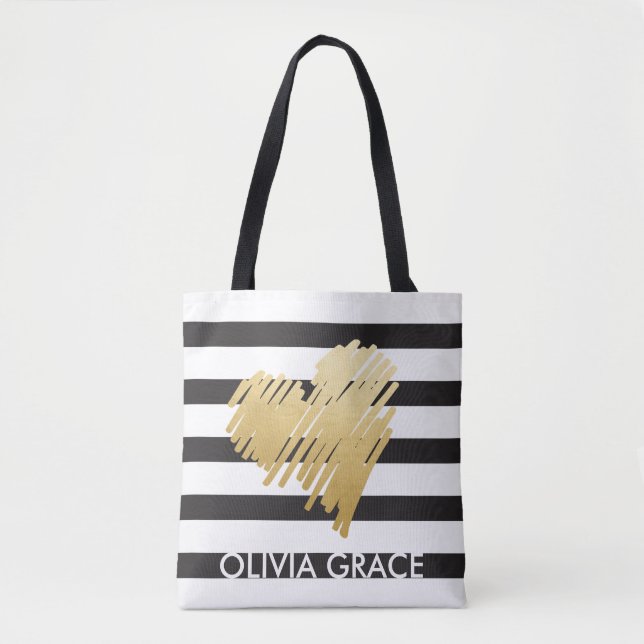 Bolsa Tote Preto Dourado Faux Personalizado Striped (Frente)