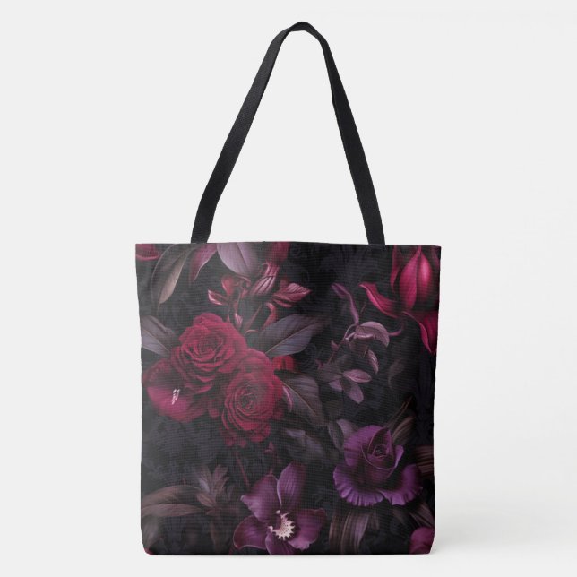 Bolsa Tote Preto e Borgonha Floral Escuro (Frente)
