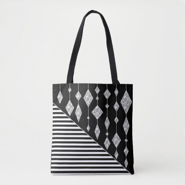 Bolsa Tote Preto e branco, abstrato, geométrico, simples, Dig (Frente)