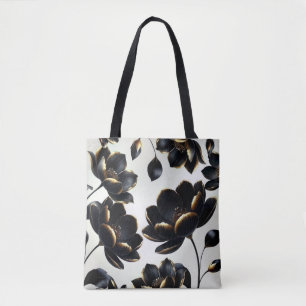 Bolsa Tote Preto e Dourado Floral Bege Elegante Sombrio Mal-h