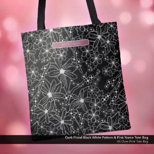 Bolsa Tote Preto Floral Negro Preto Escuro e Nome Rosa