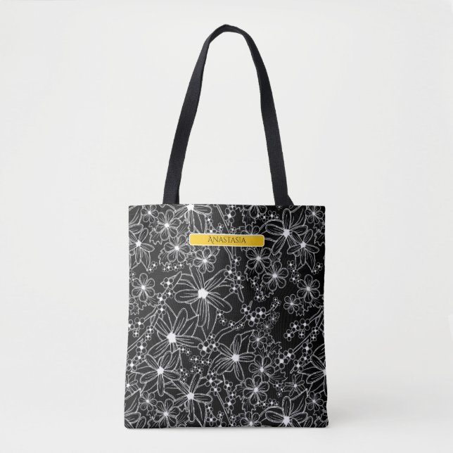 Bolsa Tote Preto Floral Negro Preto Escuro Nome Amarelo (Frente)
