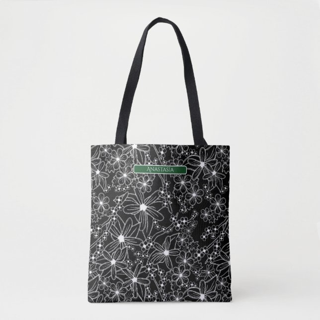 Bolsa Tote Preto Floral Negro Preto Escuro Nome Verde (Frente)