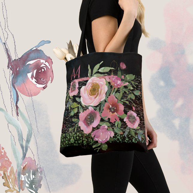 Bolsa Tote Preto Floral Rosa (pink floral black tote bag with Monogram)