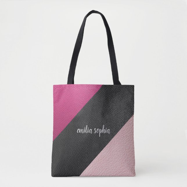 Bolsa Tote Preto, Fúcsia e Rosa Personalizado (Frente)